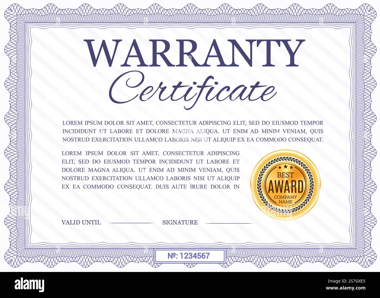 Modèle de vecteur de certificat de garantie, diplôme avec bordure ornementale ondulée. Cadre officiel de la meilleure récompense, document papier pour l'appréciation de l'entreprise avec timbre doré et lieu pour la date et la signature valides. Modèle de vecteur de certificat de garantie, diplôme Illustration de Vecteur