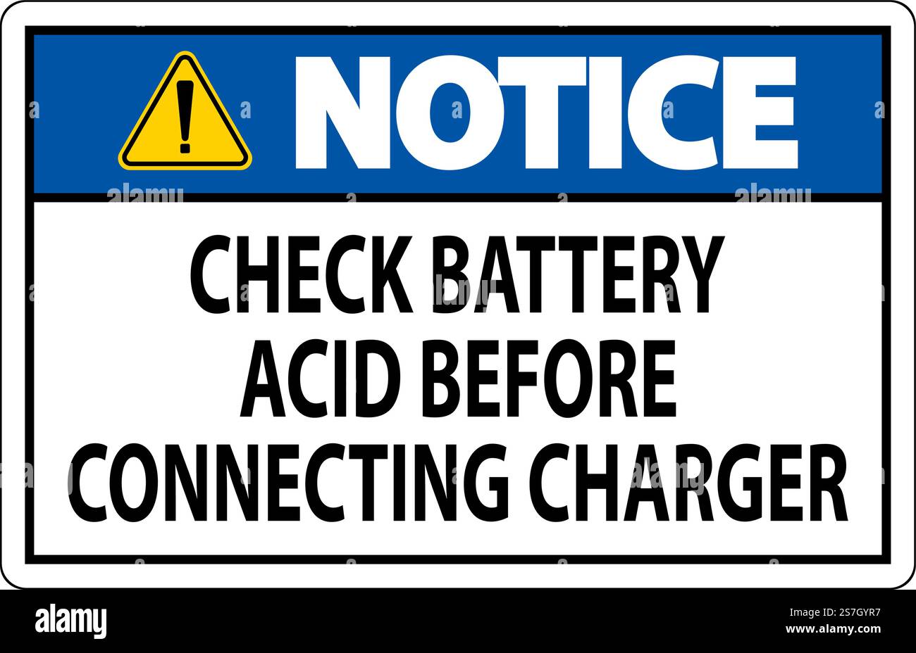 Panneau d'avertissement vérifier l'acide de la batterie avant de brancher le chargeur Illustration de Vecteur