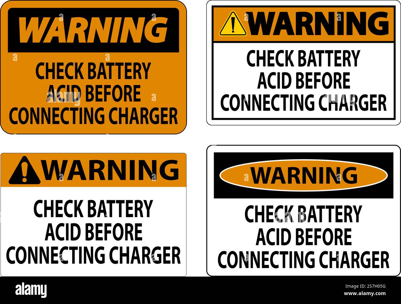 Panneau d'avertissement Vérifiez l'acide de la batterie avant de brancher le chargeur Illustration de Vecteur