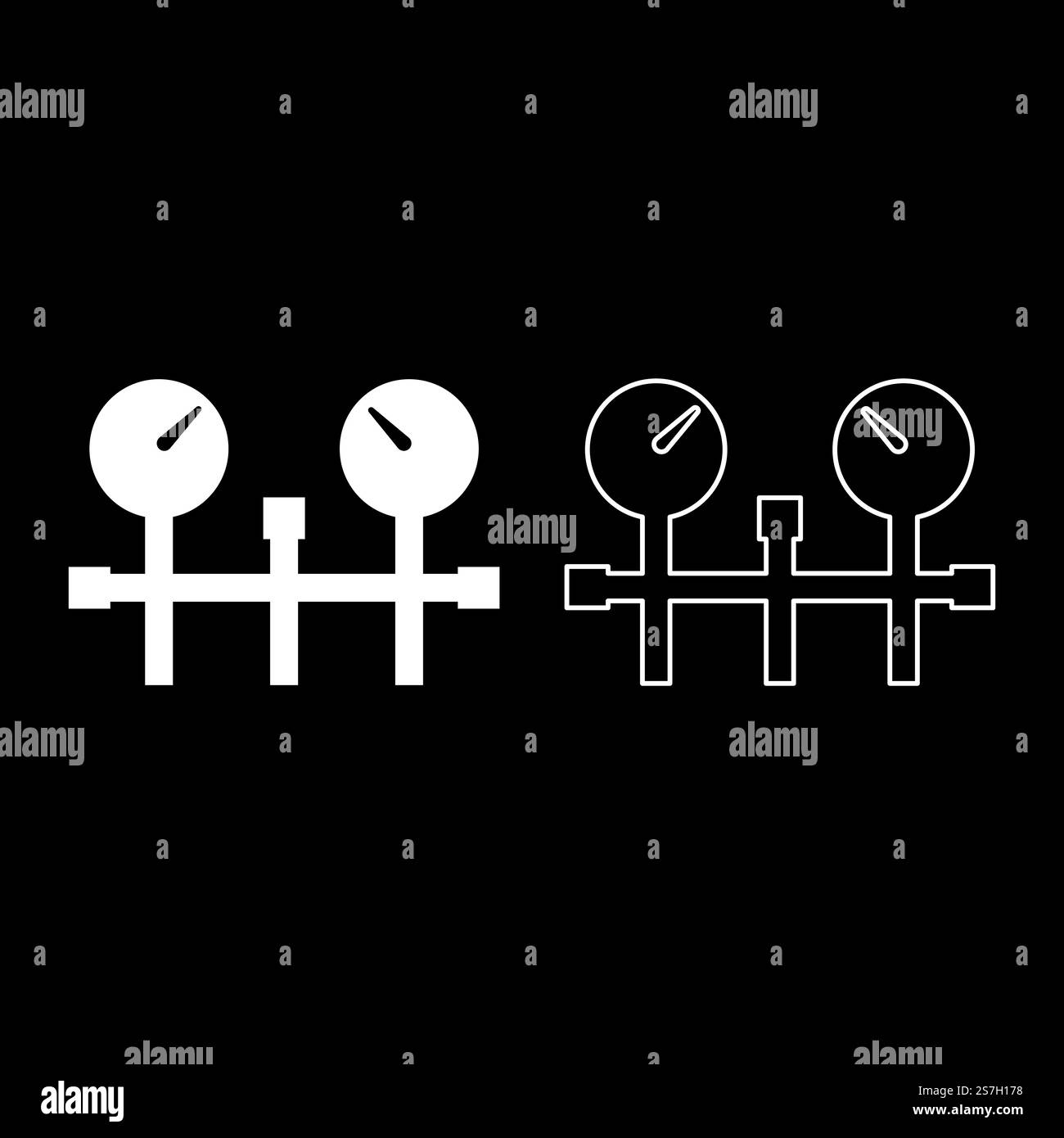 Manomètre et tuyaux manomètre manomètre manomètre ou manomètre à vide icône de jeu de couleur blanche illustration vectorielle image simple plein remplissage ligne de contour mince style plat. Manomètre et tuyaux manomètre mètre à vide chauffage gaz pompe à huile système de mesure de l'icône ensemble de couleur blanche illustration vectorielle image pleine ligne de contour de remplissage mince style plat Illustration de Vecteur