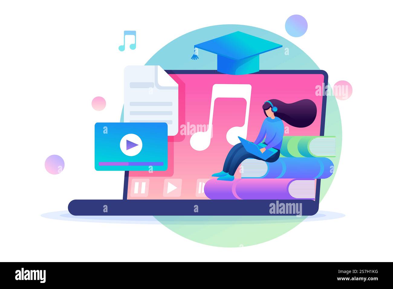 Fille écoutant des leçons audio, formation en ligne. Personnage 2D plat. Concept pour la conception web.. Fille écoutant des leçons audio, formation en ligne. Personnage 2D plat. Concept pour la conception Web Illustration de Vecteur
