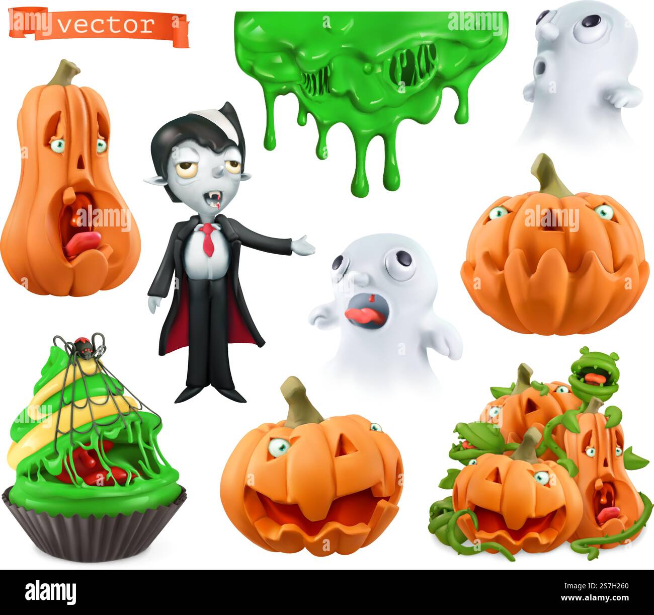 Joyeux Halloween. Citrouilles sculptées, cupcake, gouttes collantes, fantômes, vampire. Jeu de vecteurs 3d caractères et objets Illustration de Vecteur