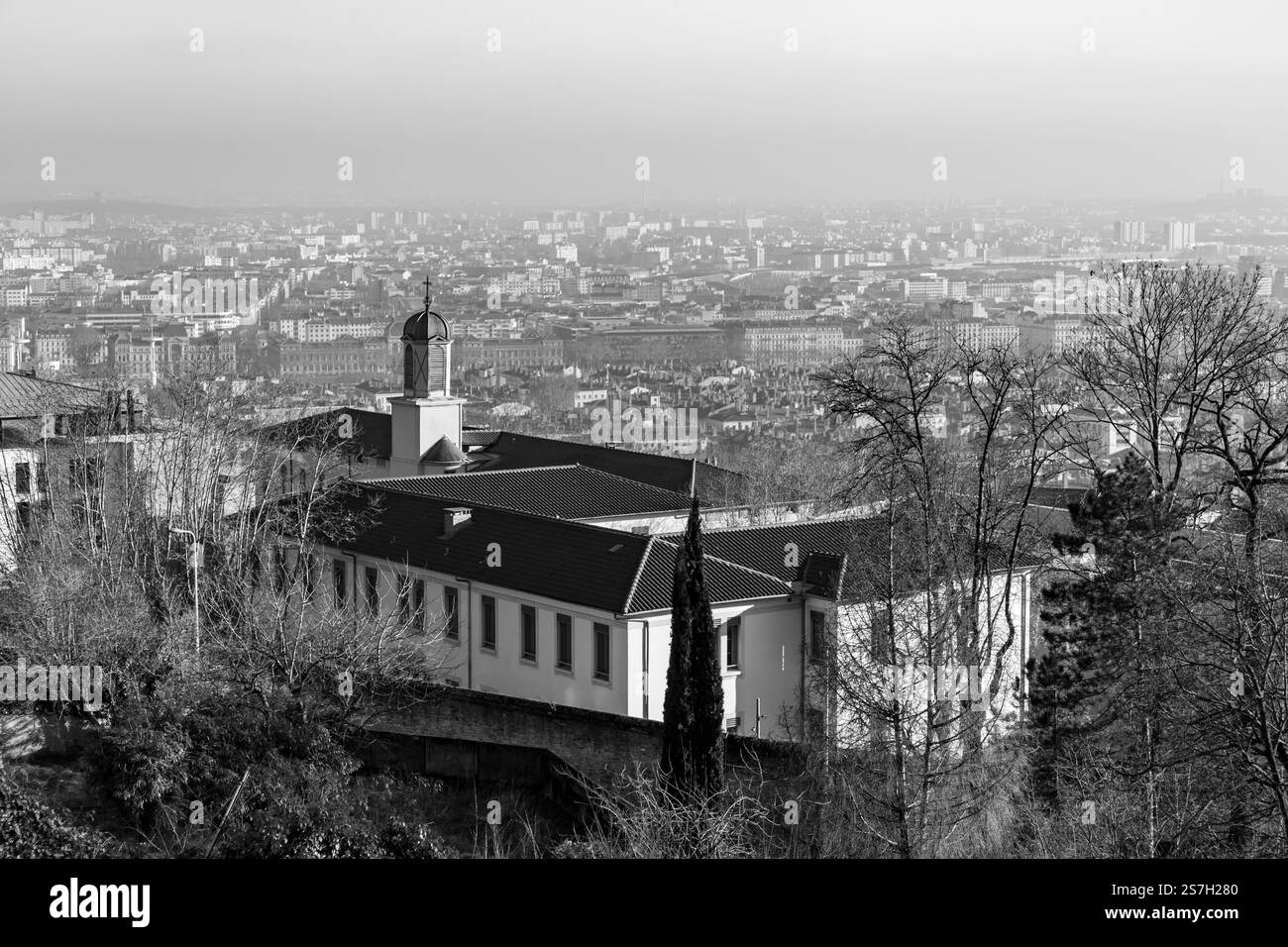 Vue panoramique aérienne de la ville de Lyon depuis la colline de Fourvière. Banque D'Images