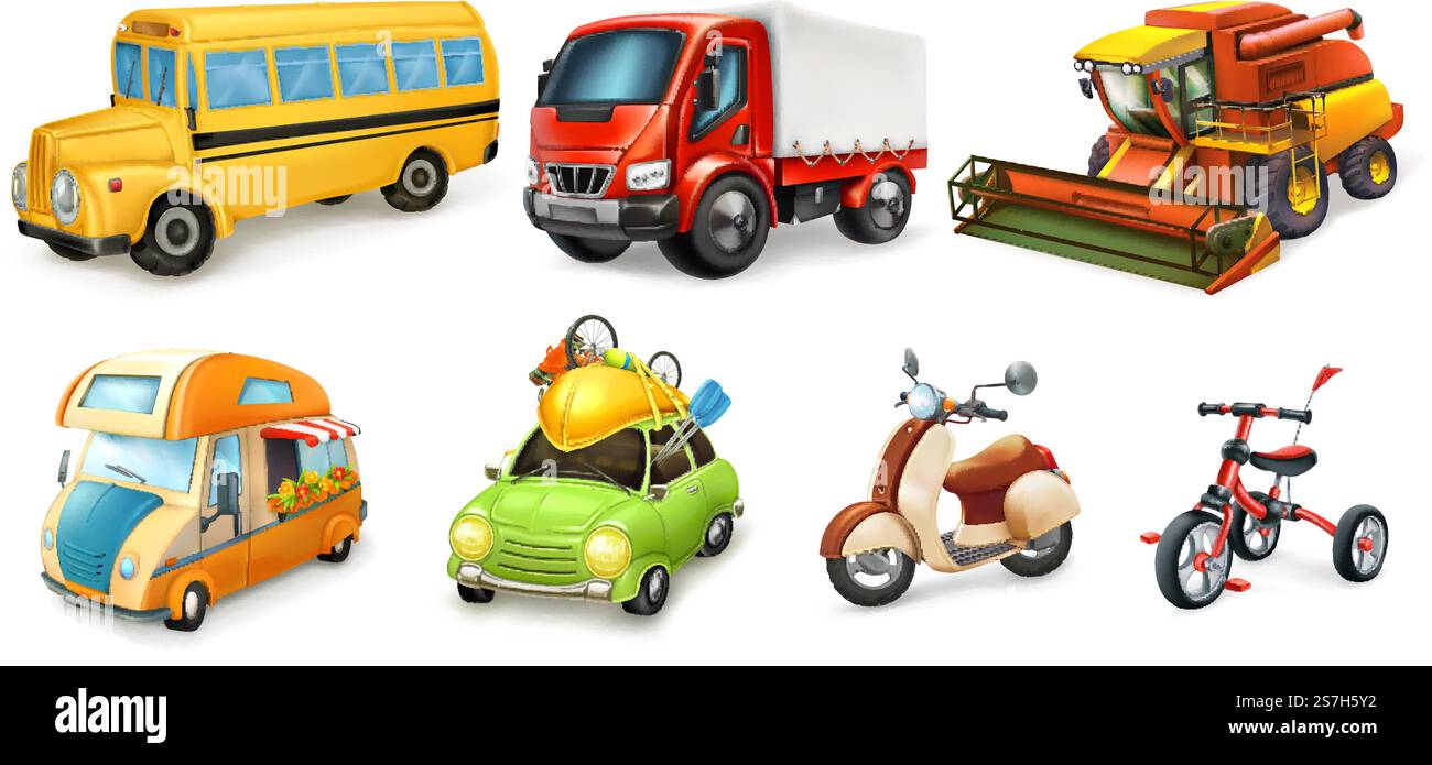 Jeu d'icônes de vecteur 3D de transport. Vélo, scooter, voiture, fourgonnette, moissonneuse-batteuse, camion, bus Illustration de Vecteur