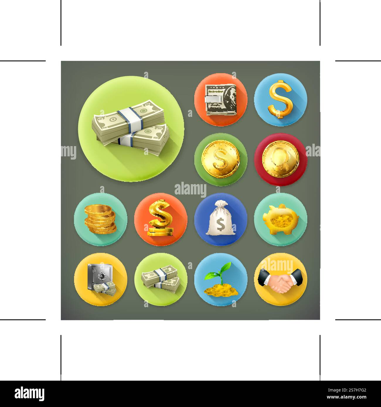 L'argent et des pièces, de l'administration et des finances long shadow vector icon set Illustration de Vecteur