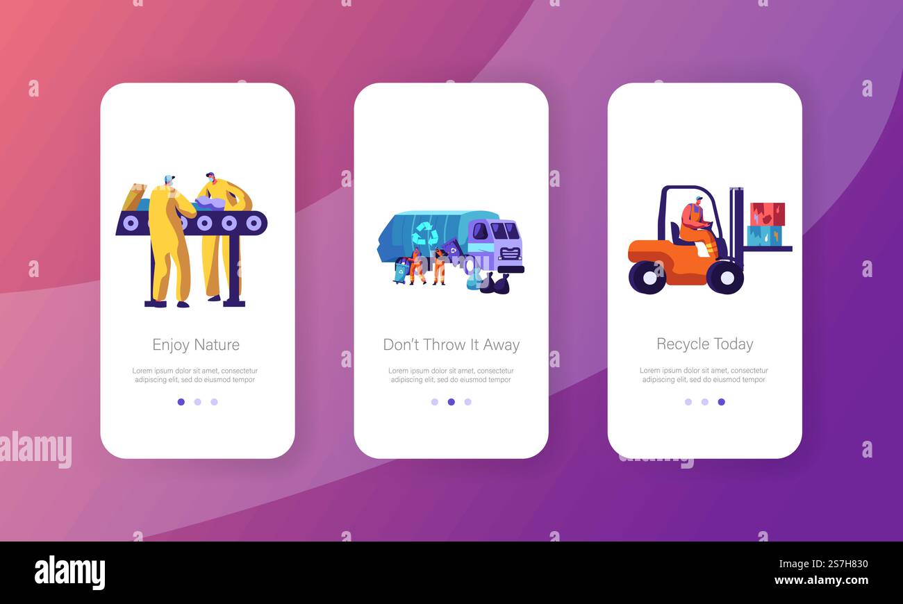 ECO, concept de recyclage des ordures pour le site Web ou la page Web, processus de travail de l'usine de métallurgie, les travailleurs collectant les déchets au camion. Page d'application mobile jeu d'écran embarqué illustration vectorielle plate de dessin animé. Illustration de Vecteur