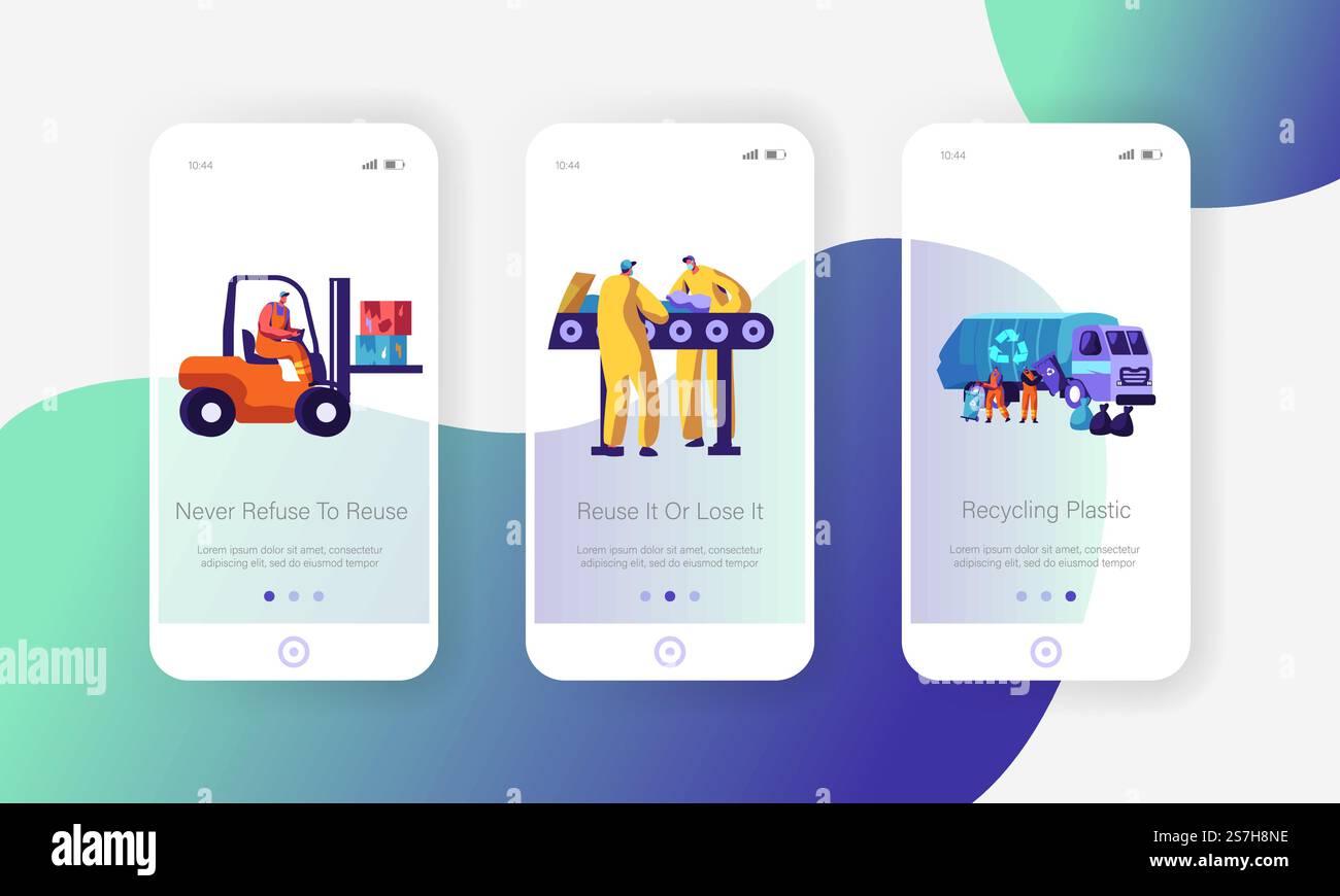 Recyclage des ordures Eco concept. Les ouvriers ramassent la litière vers le camion, le chariot élévateur. Metallurgy Factory Working Process Mobile App page ensemble d'écran à bord pour site Web ou page Web illustration vectorielle plate de dessin animé Illustration de Vecteur