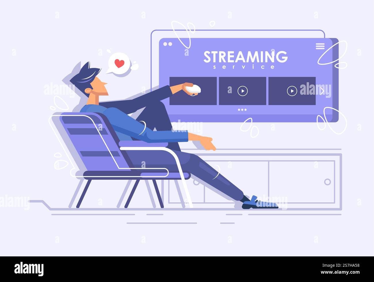Un jeune homme est assis sur une chaise et regarde un film. Cinéma en ligne. Concept de service de streaming. Visionnage en ligne de séries télévisées à la maison. Illustration de Vecteur