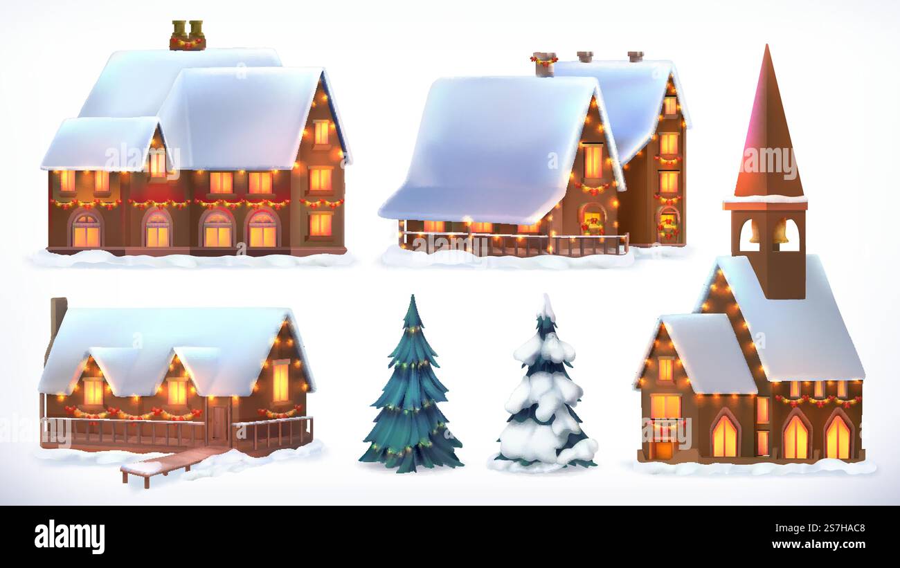 Noël. Chalets, maisons de campagne. Décorations de Noël. Nouvelle Année. Ensemble de l'icône 3D de vecteur Illustration de Vecteur
