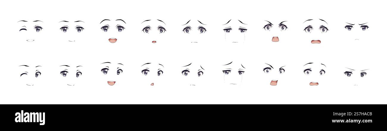 Anime manga expressions yeux ensemble garçon. Style de dessin animé japonais Illustration de Vecteur