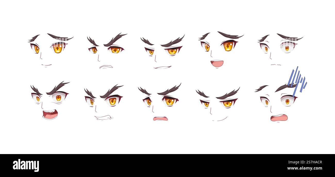 Anime manga expressions yeux ensemble garçon. Style de dessin animé japonais Illustration de Vecteur