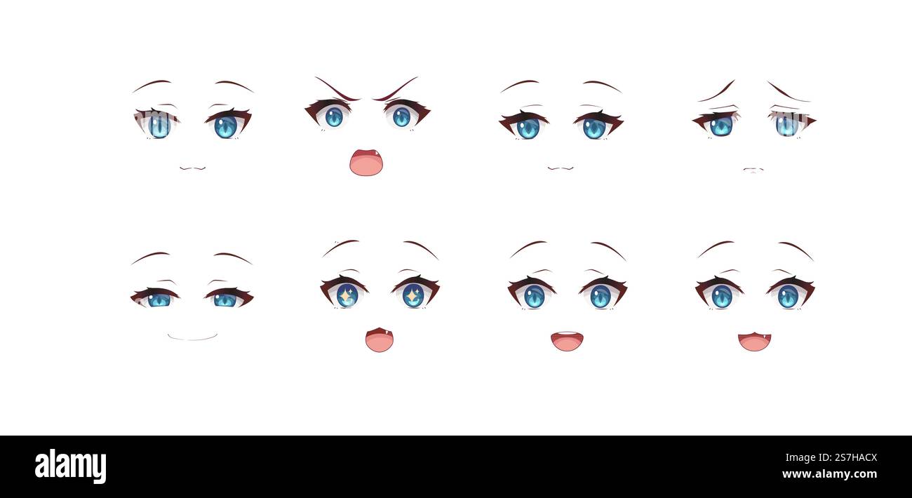 Anime manga expressions yeux ensemble necko chat fille. Style de dessin animé japonais Illustration de Vecteur