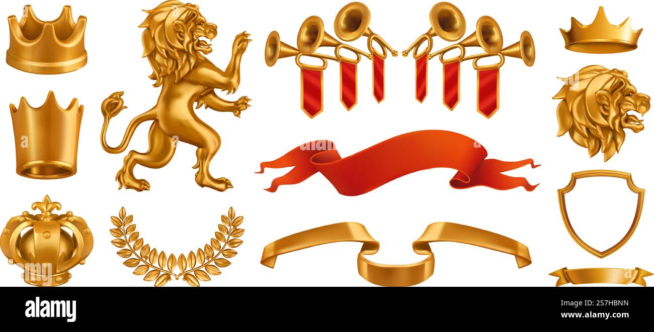 Couronne d'or du roi. Couronne de Laurier, fanfare, ruban lion. ensemble réaliste de vecteur 3d. Illustration de Vecteur