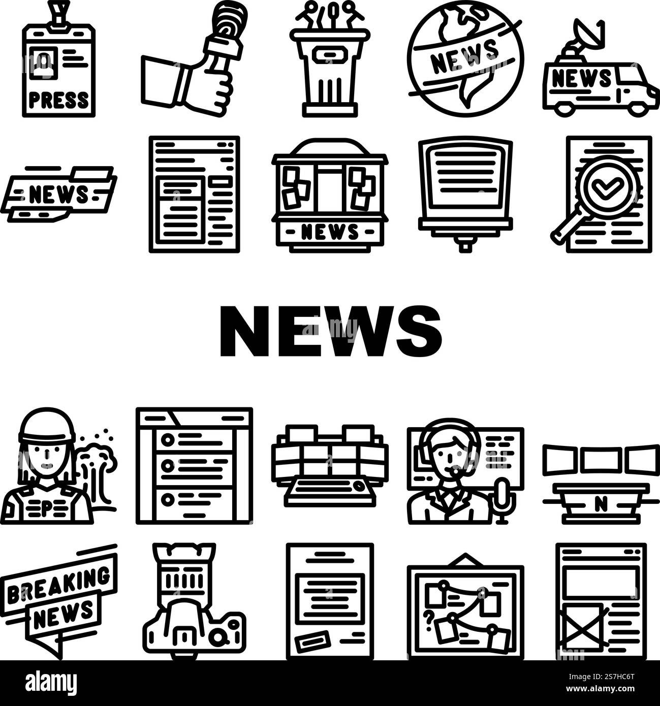 vecteur d'ensemble d'icônes d'affaires d'écran de médias de nouvelles. numérique en ligne, technologie de l'information, breaking tv, monde de la presse, internet daily news media screen business contours noirs illustrations. vecteur d'ensemble d'icônes d'affaires d'écran de médias de nouvelles Illustration de Vecteur