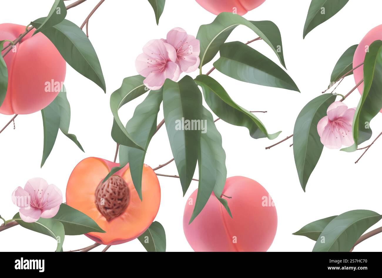 Pêches, fleurs de fruits et feuilles. Motif sans couture. fond vectoriel réaliste 3d. Illustration de Vecteur