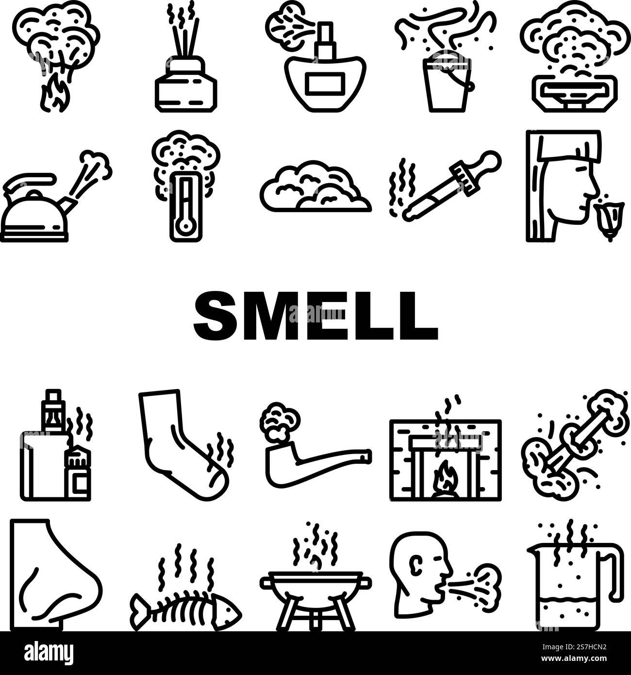 vecteur d'ensemble d'icônes d'odeur d'arôme de nez d'odeur. gaz de détection, conduite d'air, nuage de fumée, parfum frais, mauvaise perte, anosmie fart, femme odeur nez arôme odeur noir contour illustrations. vecteur d'ensemble d'icônes d'odeur d'arôme de nez d'odeur Illustration de Vecteur