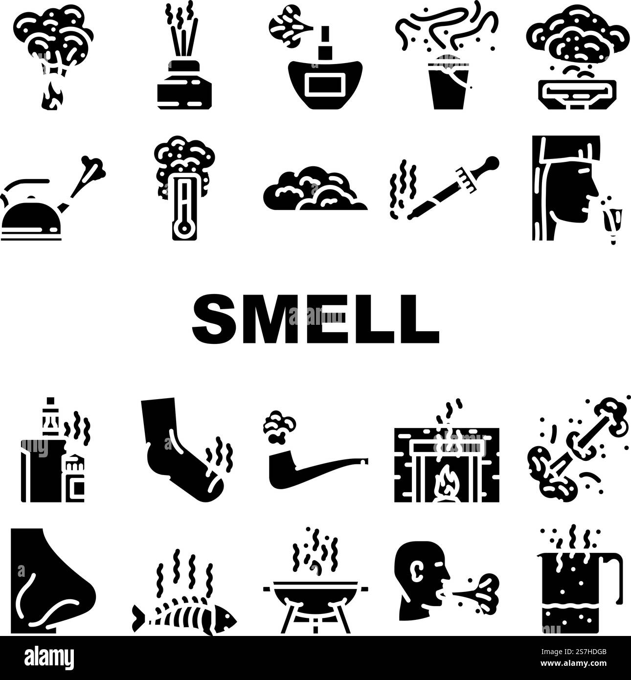 vecteur d'ensemble d'icônes d'odeur d'arôme de nez d'odeur. gaz de détection, conduite d'air, nuage de fumée, parfum frais, mauvaise perte, anosmie fart, femme odeur nez arôme odeur noir contour illustrations. vecteur d'ensemble d'icônes d'odeur d'arôme de nez d'odeur Illustration de Vecteur