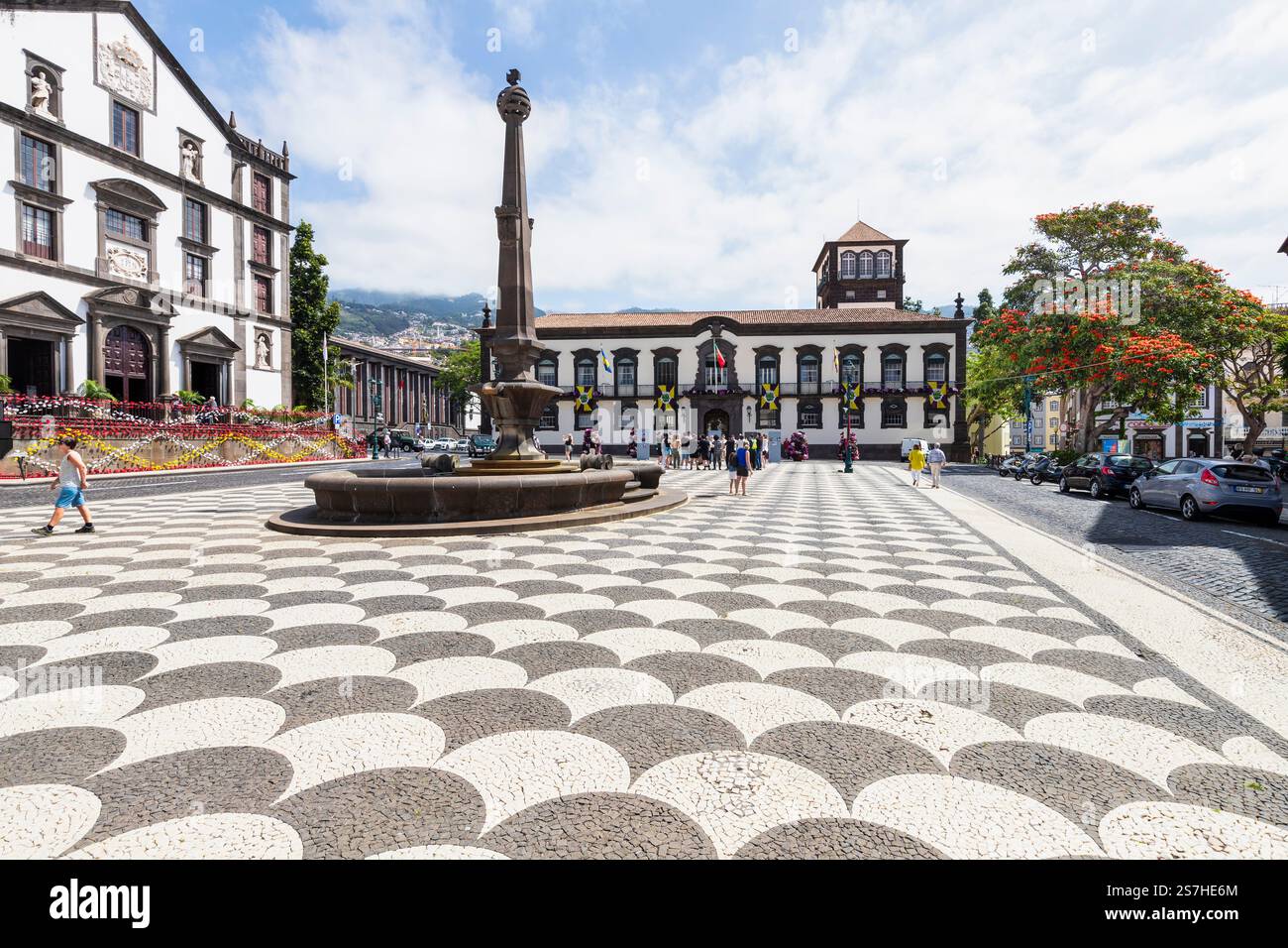 Place municipale - Praca do Município, surplombant la mairie et l'église Igreja do Colegio dans la vieille ville de Funchal. Banque D'Images