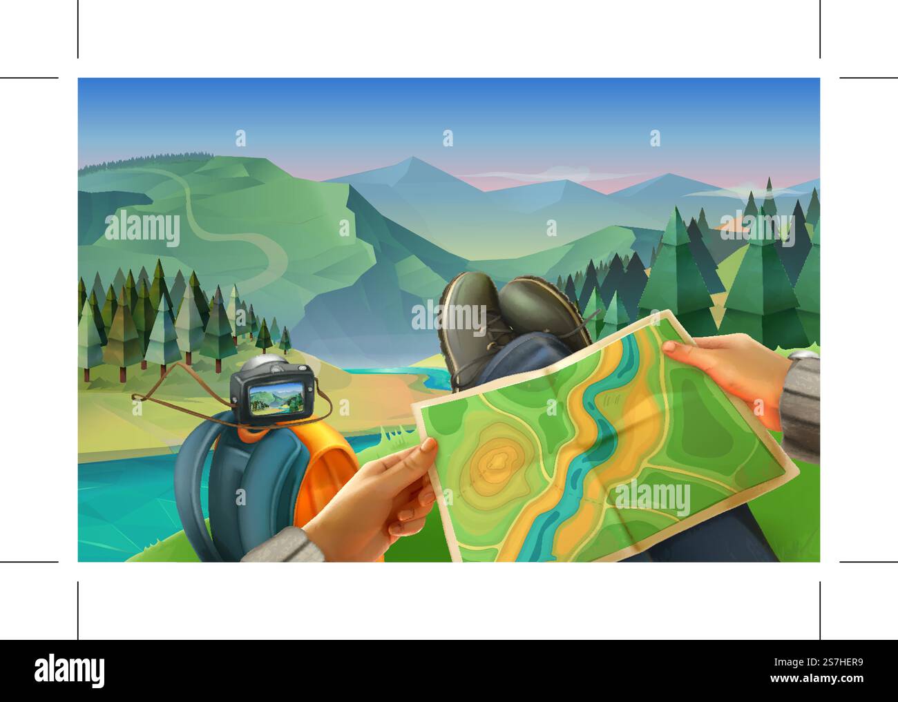 Voyageur avec une carte avec un fond de la nature, paysage, vector illustration Illustration de Vecteur