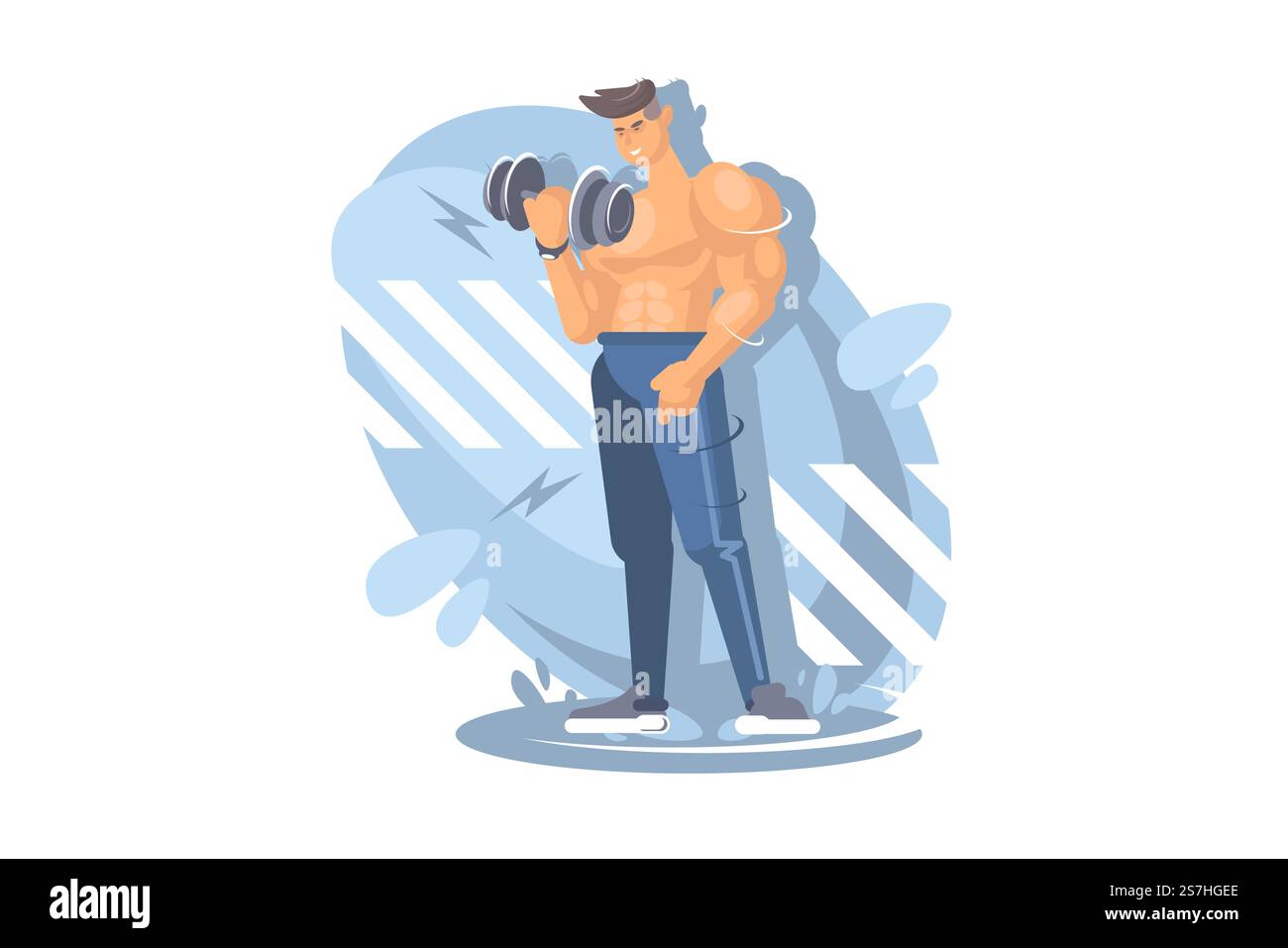 Un jeune sportif est engagé dans la salle de gym. Homme athlétique avec haltères. Exercices sportifs. Illustration de Vecteur