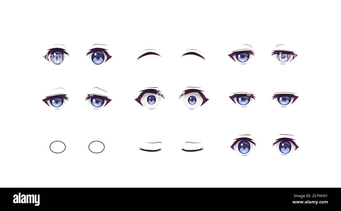 Anime manga expressions yeux ensemble garçon. Style de dessin animé japonais Illustration de Vecteur