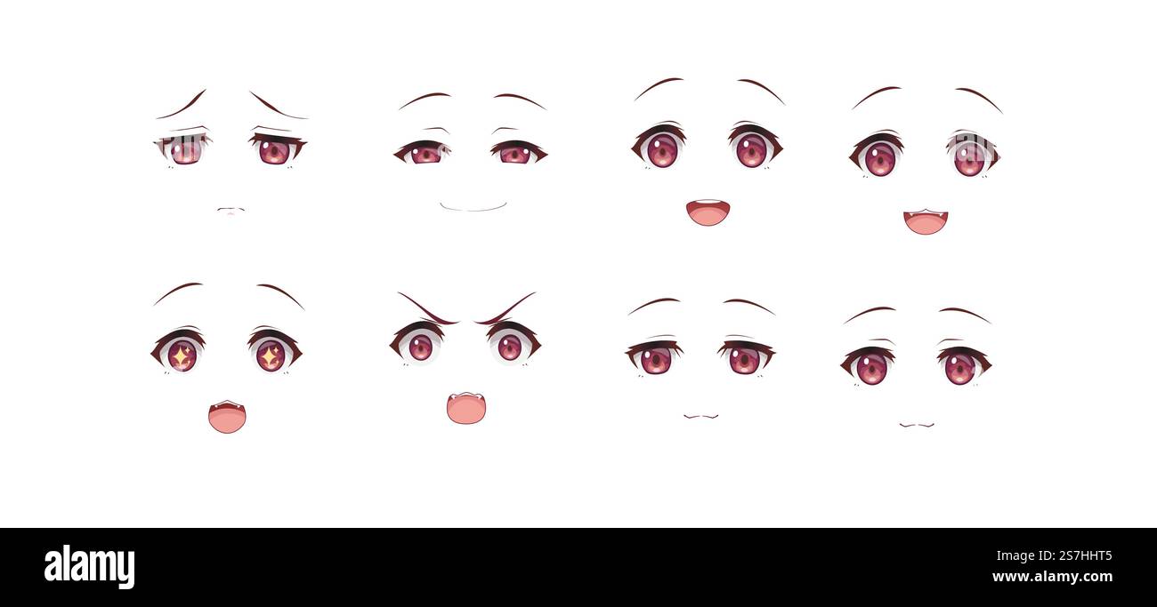 Anime manga expressions yeux ensemble chien fille. Style de dessin animé japonais Illustration de Vecteur