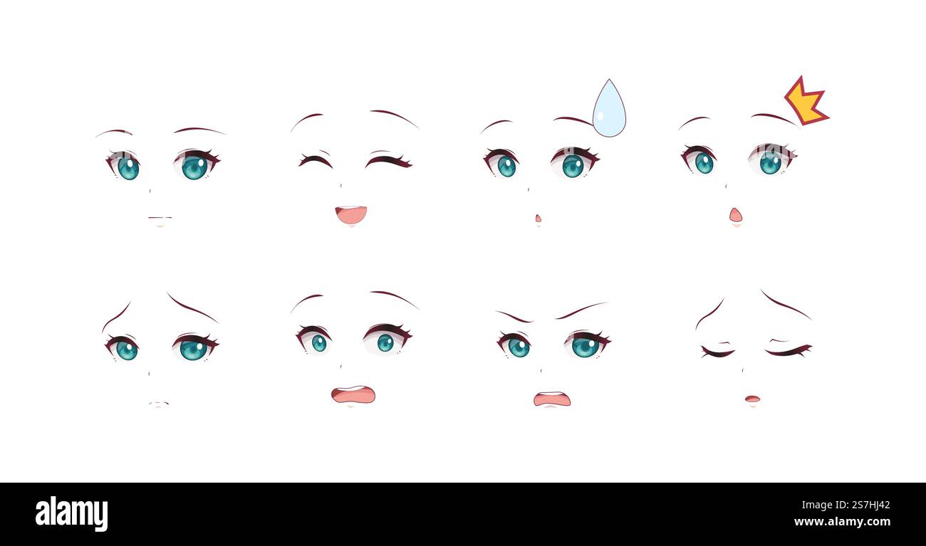 Anime manga expressions yeux ensemble fille. Style de dessin animé japonais Illustration de Vecteur