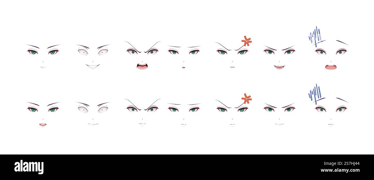 Anime manga expressions yeux ensemble fille. Style de dessin animé japonais Illustration de Vecteur