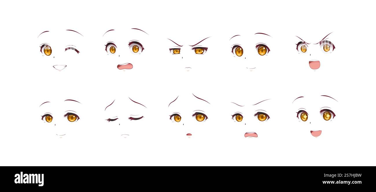 Anime manga expressions yeux ensemble fille. Style de dessin animé japonais Illustration de Vecteur