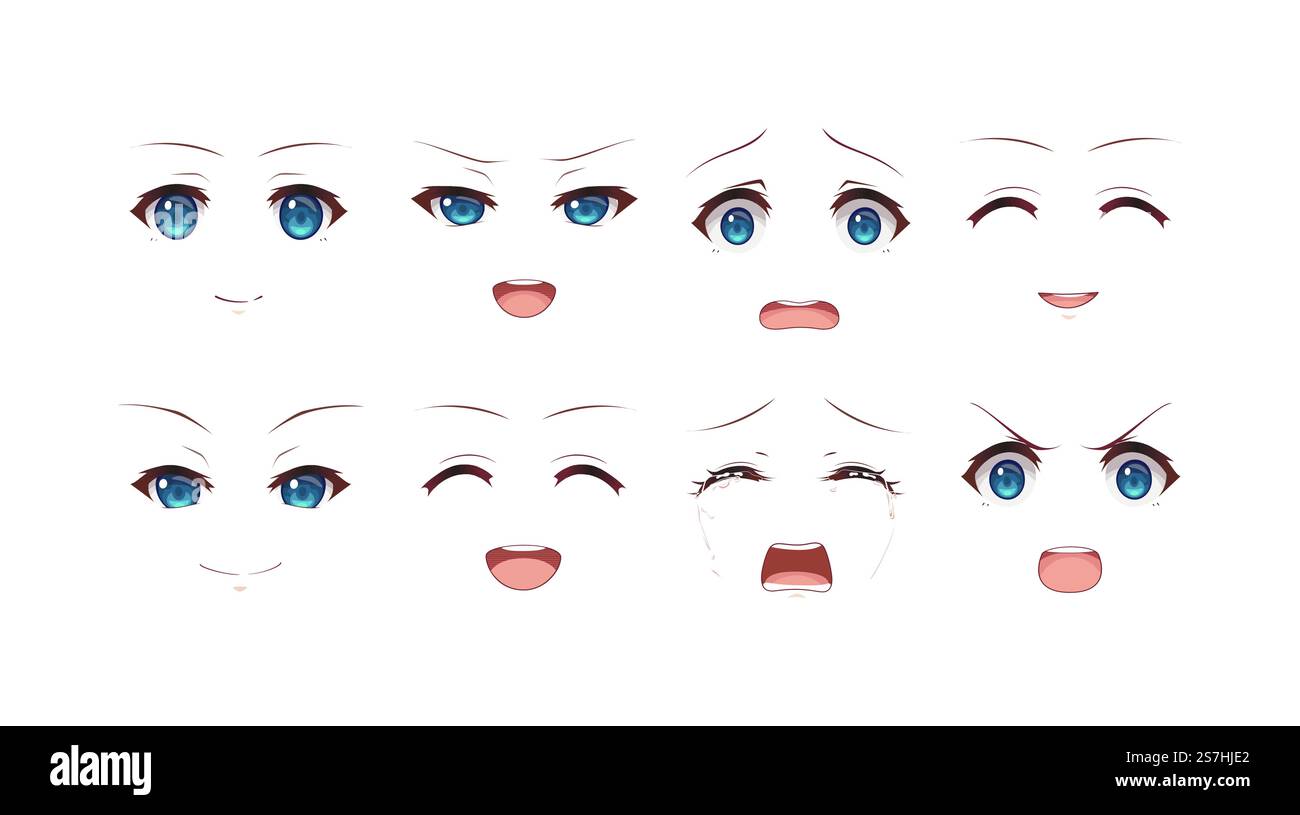 Anime manga expressions yeux ensemble fille. Style de dessin animé japonais Illustration de Vecteur