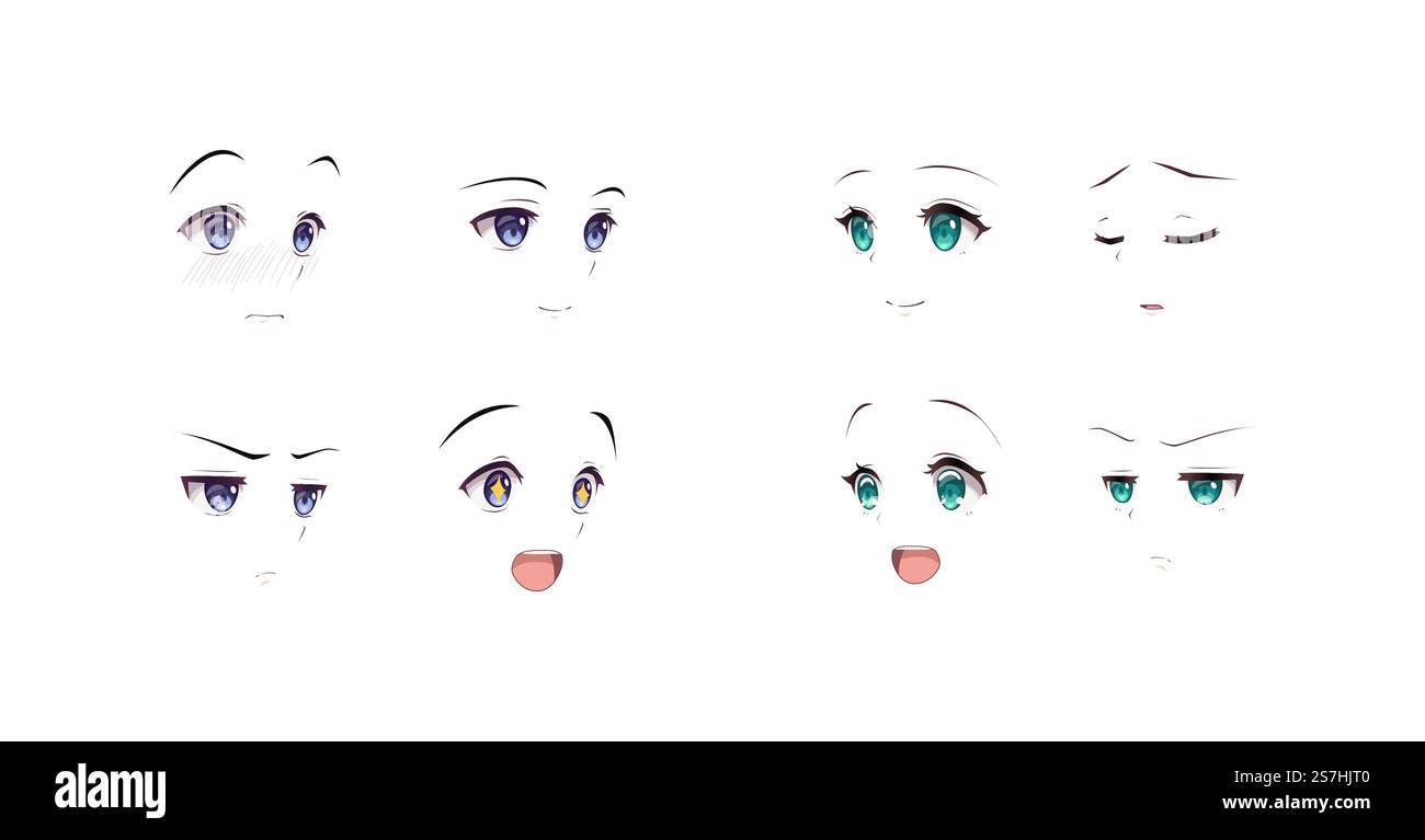 Anime manga expressions yeux ensemble garçon et fille. Style de dessin animé japonais Illustration de Vecteur