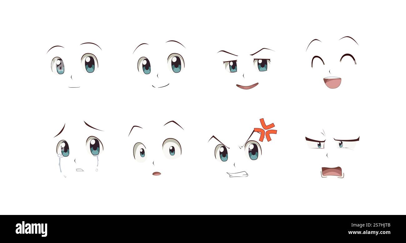 Anime manga expressions yeux ensemble garçon. Style de dessin animé japonais Illustration de Vecteur