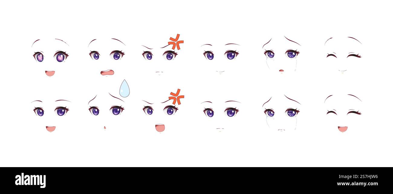 Anime manga expressions yeux ensemble fille. Style de dessin animé japonais Illustration de Vecteur