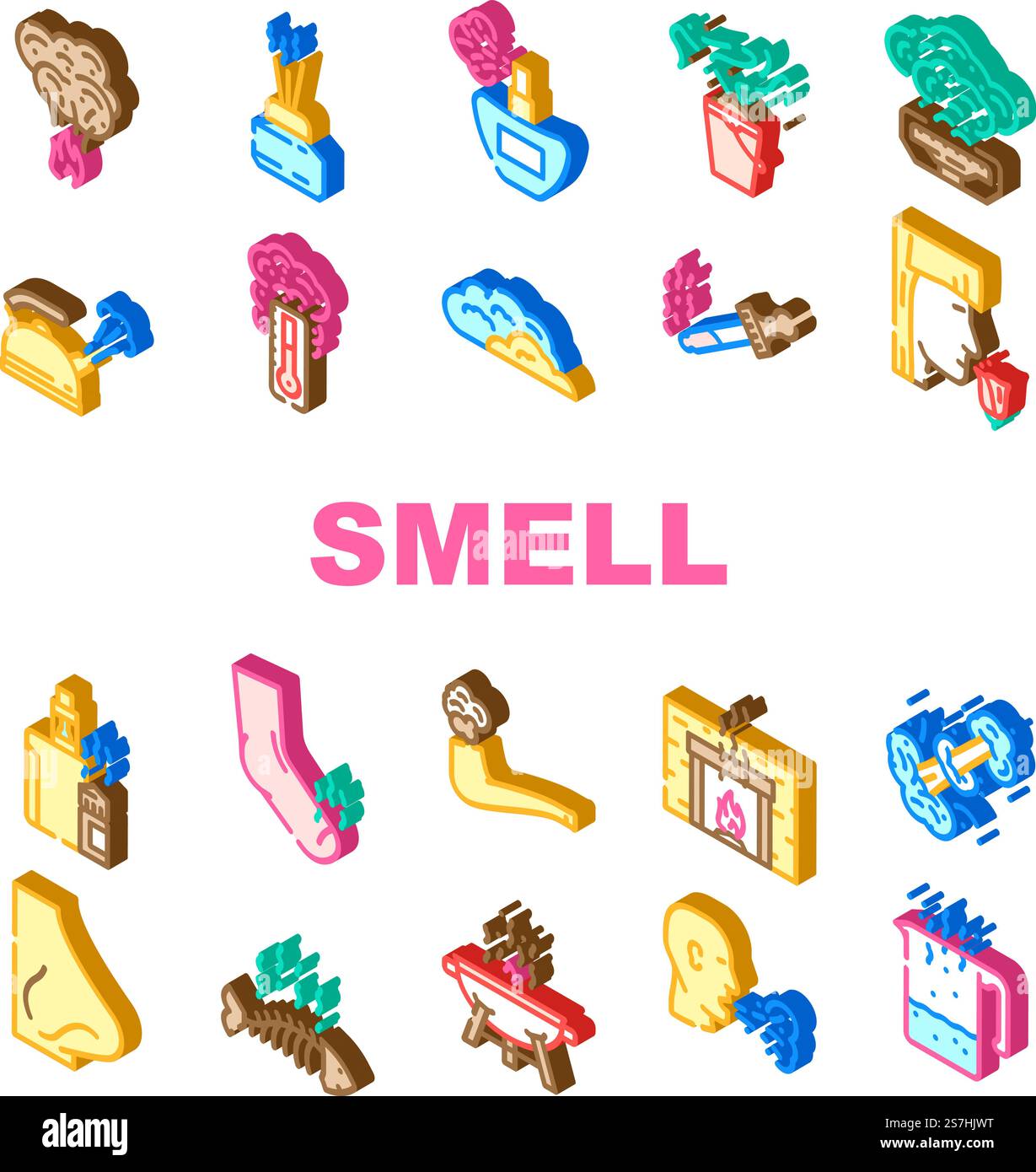 vecteur d'ensemble d'icônes d'odeur d'arôme de nez d'odeur. gaz de détection, conduite d'air, nuage de fumée, parfum frais, mauvaise perte, anosmie fart, femme odeur nez arôme odeur glyphe illustrations pictogramme. vecteur d'ensemble d'icônes d'odeur d'arôme de nez d'odeur Illustration de Vecteur