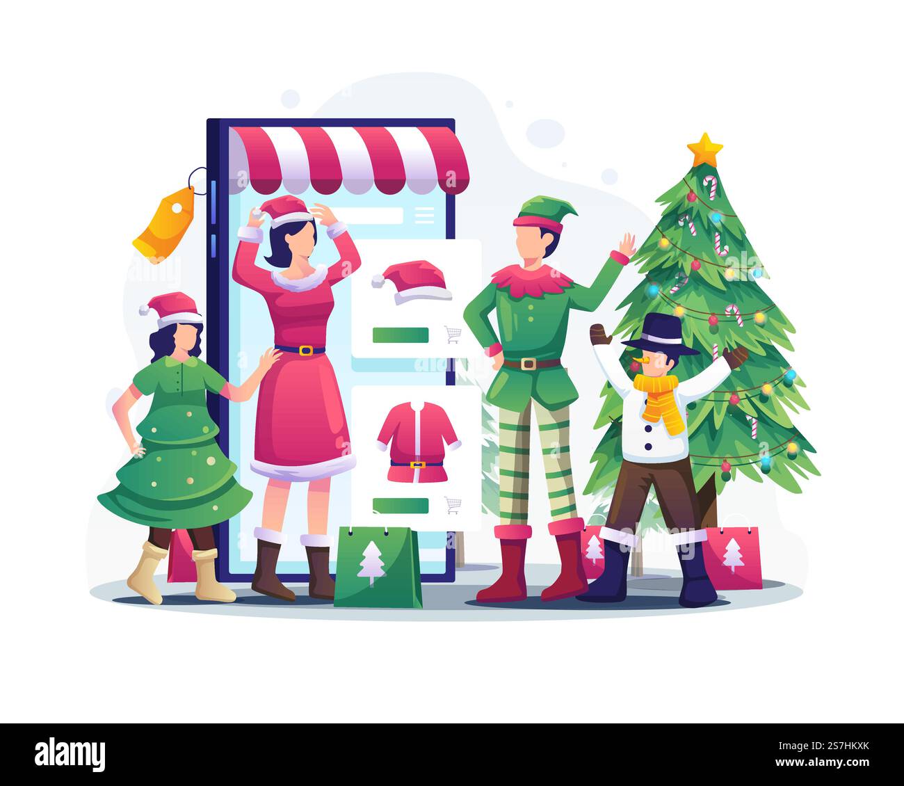 La famille fait des achats en ligne via smartphone et essaie des tenues de Noël pour célébrer Noël et le nouvel an. illustration vectorielle Illustration de Vecteur