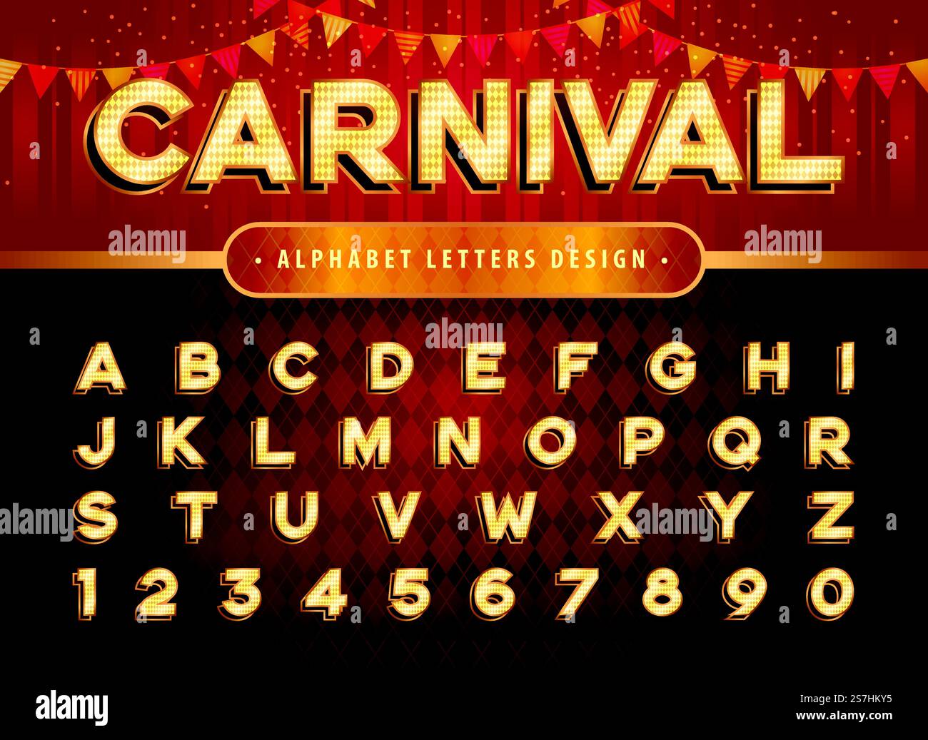 Lettres et chiffres de l'alphabet du cirque vintage, lettres de fête foraine de cirque de carnaval, alphabet rétro avec police d'ombre, lettres d'ombre gras ensemble pour Festival, partie classique, promotion, Fun Fair Illustration de Vecteur