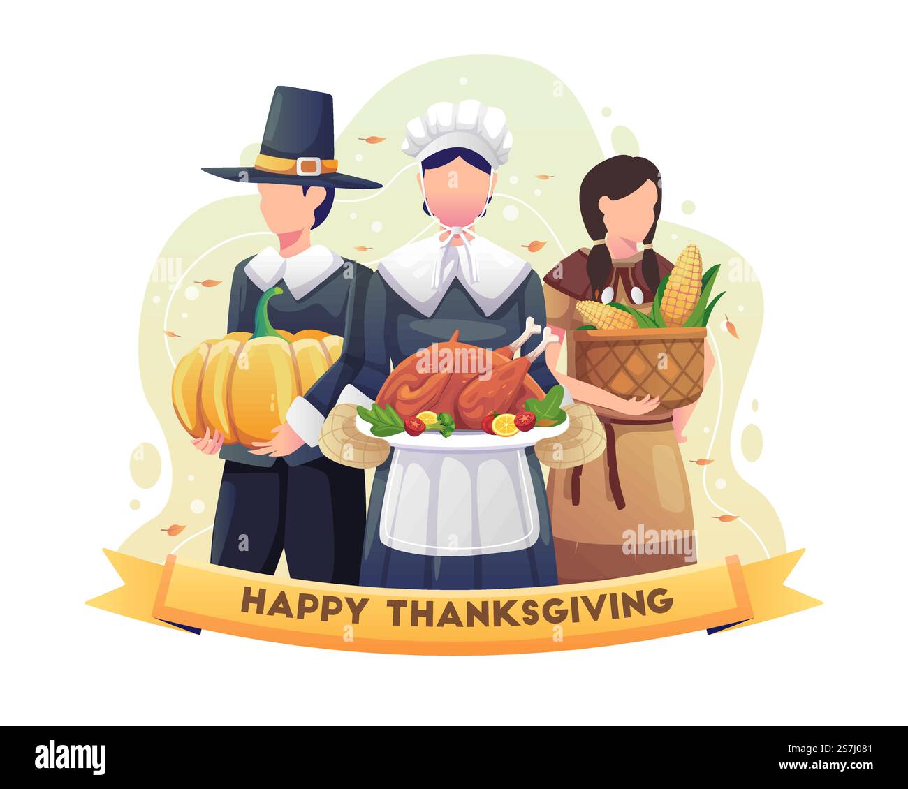 Deux pèlerins et une indienne célèbrent Thanksgiving en tenant de la nourriture. illustration vectorielle Illustration de Vecteur