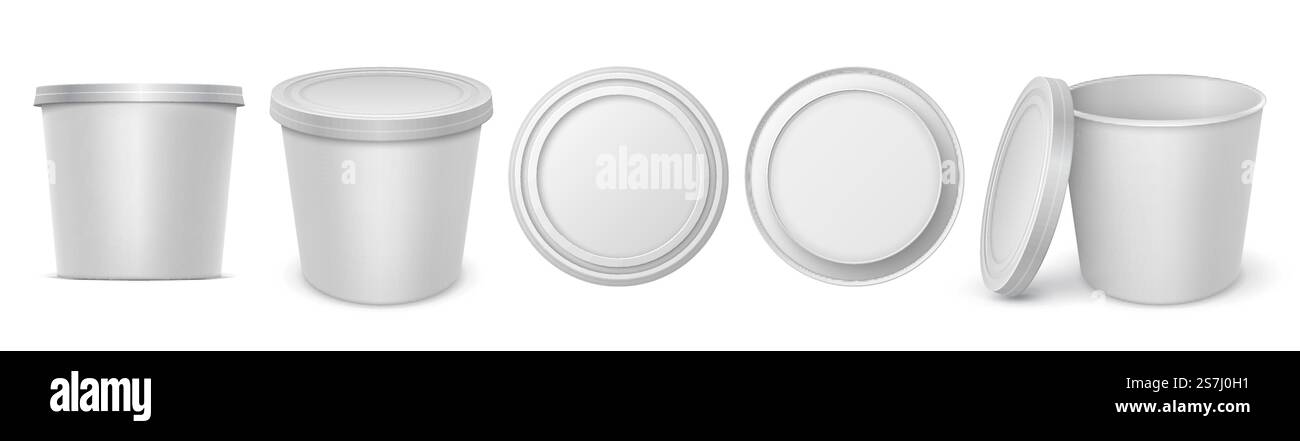 Récipient à yaourt. Margarine blanche circulaire réaliste tartiner fromage fondu ou maquette d'emballage de beurre. Vecteur illustration isolée nutrition boîtes arrondies en haut avant bas ensemble sur blanc. Récipient à yaourt. Margarine blanche circulaire réaliste tartiner fromage fondu ou maquette d'emballage de beurre. Ensemble Vector supérieur avant inférieur Illustration de Vecteur