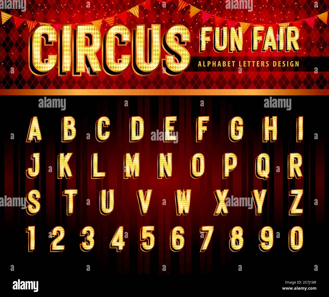 Lettres et chiffres de l'alphabet du cirque vintage, lettres de fête foraine de cirque de carnaval, alphabet rétro avec police d'ombre, lettres d'ombre condensées pour Festival, partie classique, promotion, Fun Fair Illustration de Vecteur