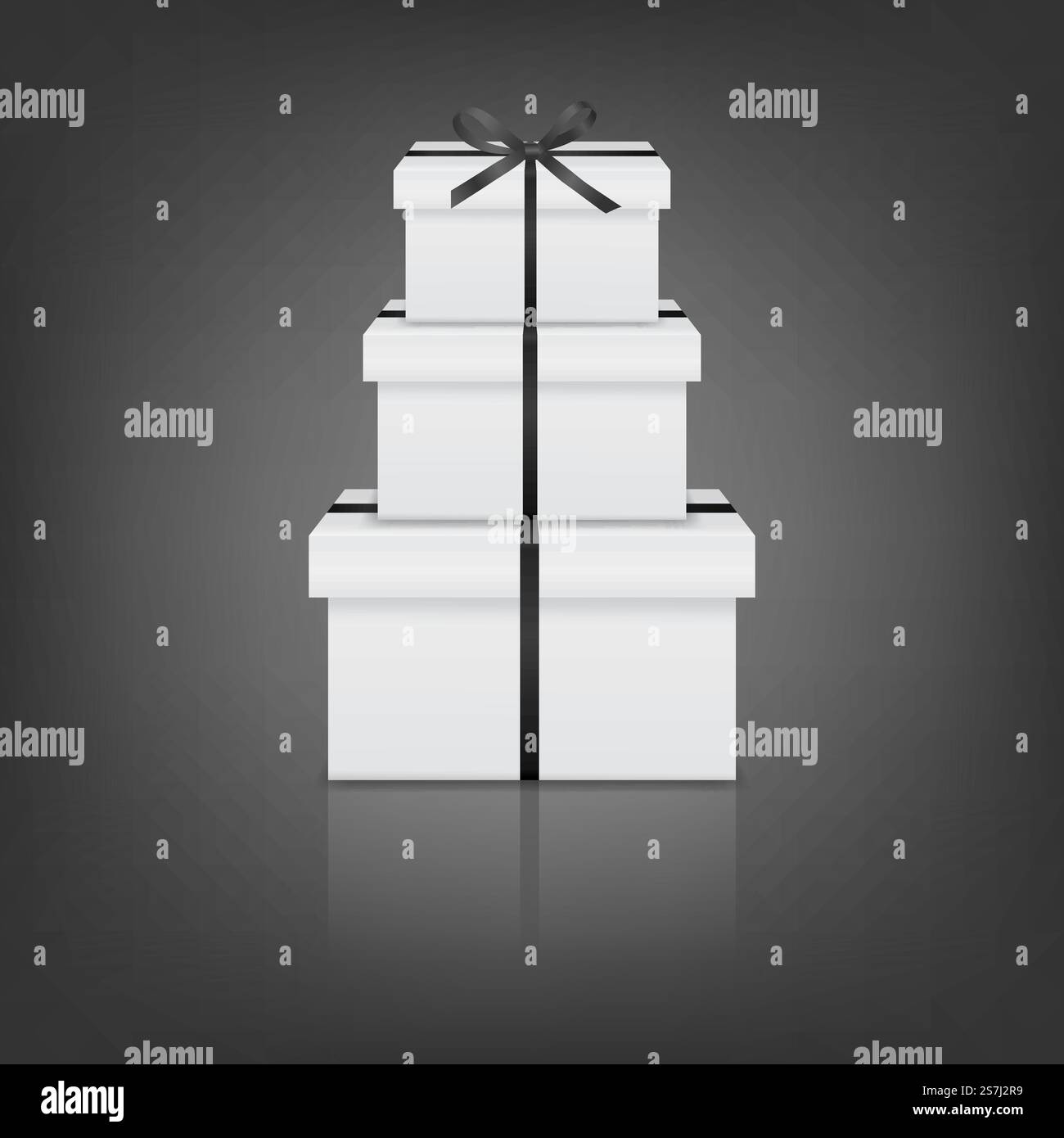Pile de trois boîtes cadeaux blanches réalistes avec ruban noir et arc sur fond gris avec réflexion. Illustration vectorielle EPS10. . Pile de trois boîtes cadeaux blanches réalistes avec ruban noir et noeud Illustration de Vecteur