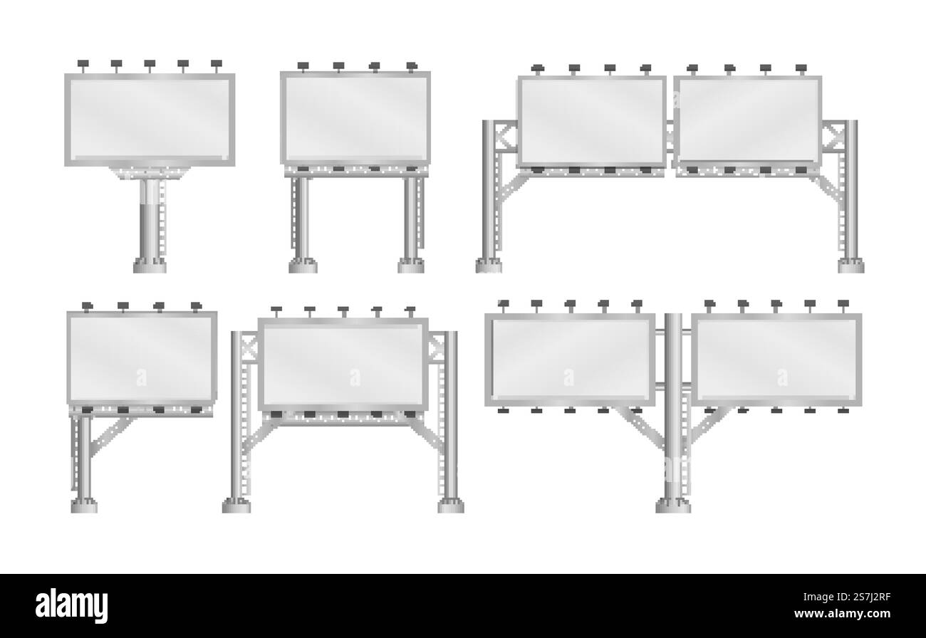 Grand panneau d'affichage blanc avec des lumières blanches sur fond blanc. Un ensemble de maquettes réalistes et de modèles pour les bannières urbaines, les affiches et les panneaux d'affichage pour la publicité et la promotion du marketing. Vecteur.. Grand panneau d'affichage vierge. Illustration de Vecteur