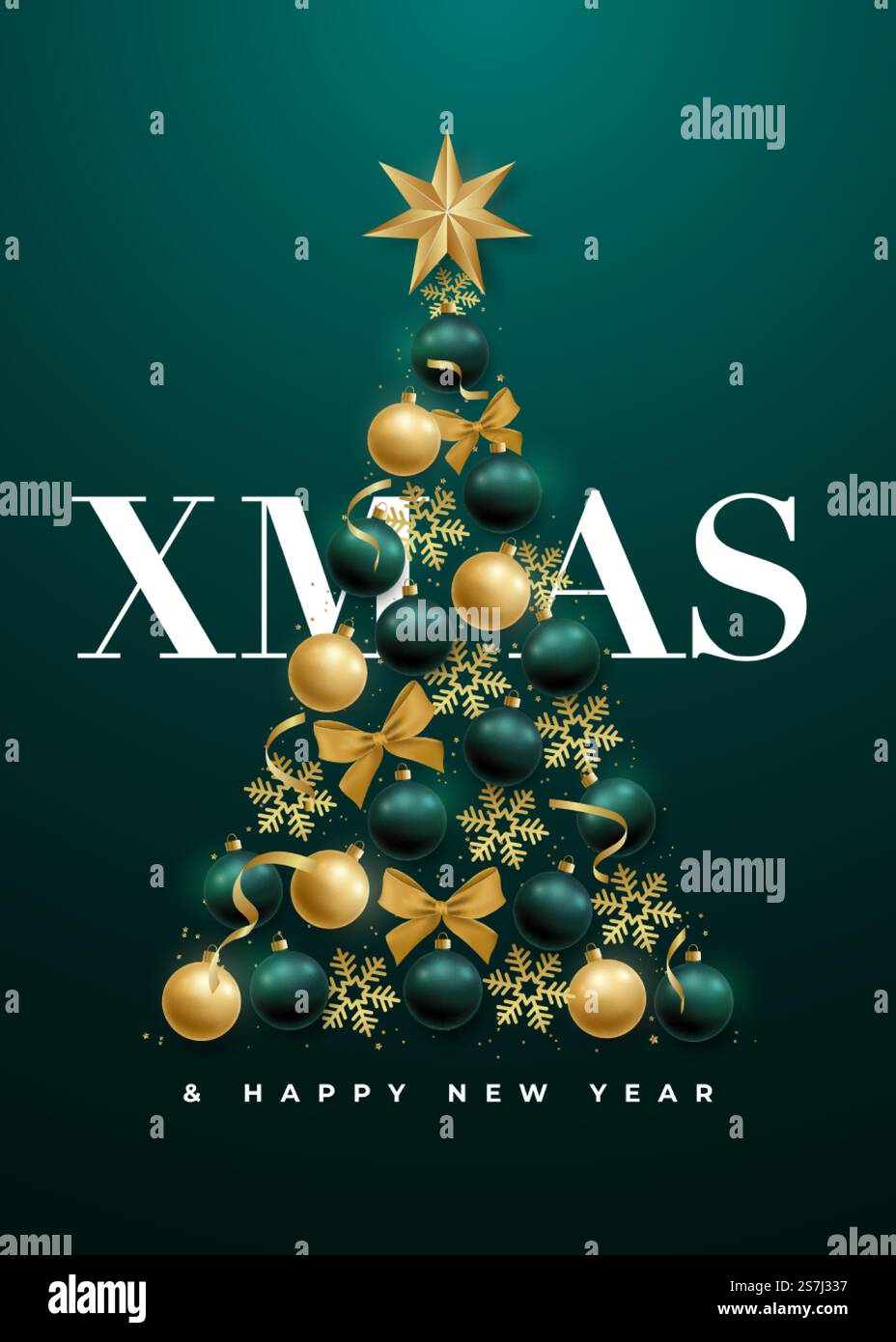 Sapin de Noël de luxe abstrait avec des boules réalistes dorées et vertes, flocon de neige, arcs et étoile. Fond vert festif de Noël avec des boules décoratives. Illustration vectorielle. Illustration de Vecteur
