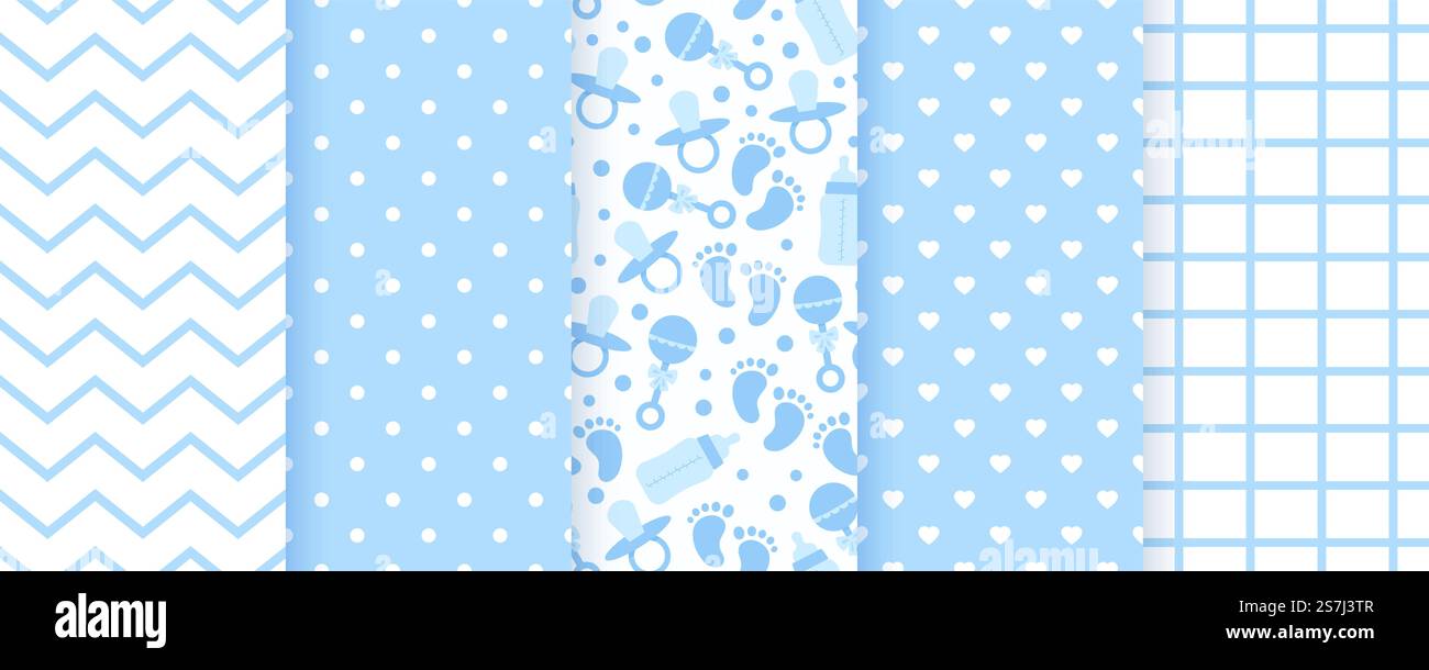 Motifs sans couture bleu bébé. Fond pastel. Imprimé géométrique bébé garçon. Vecteur. Ensemble de textures pour enfants. Toile de fond enfantine mignonne avec pois, zigzag, bouteille, coeurs et chèque. Illustration moderne. Motifs pastel pour bébé garçon. Arrière-plans bleus sans couture. Illustration vectorielle. Illustration de Vecteur