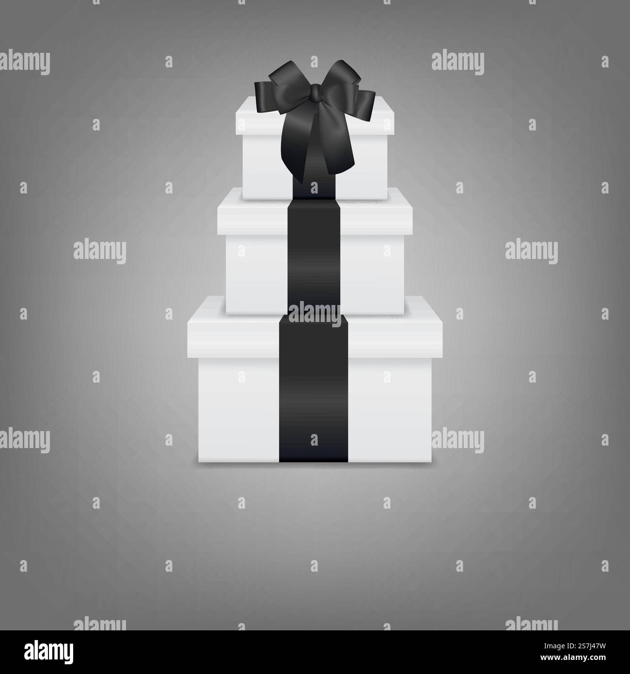 Pile de trois boîtes cadeaux blanches réalistes avec ruban noir et arc sur fond gris avec réflexion. Illustration vectorielle EPS10. . Pile de trois boîtes cadeaux blanches réalistes avec ruban noir et noeud Illustration de Vecteur