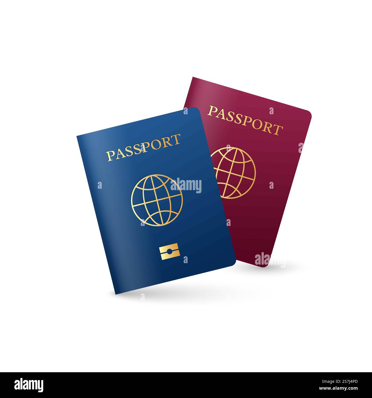 Passeport international réaliste avec signe de globe. Couleurs rouge et bleu isolé sur fond blanc. Illustration vectorielle.. Passeport international réaliste avec signe de globe. Illustration de Vecteur