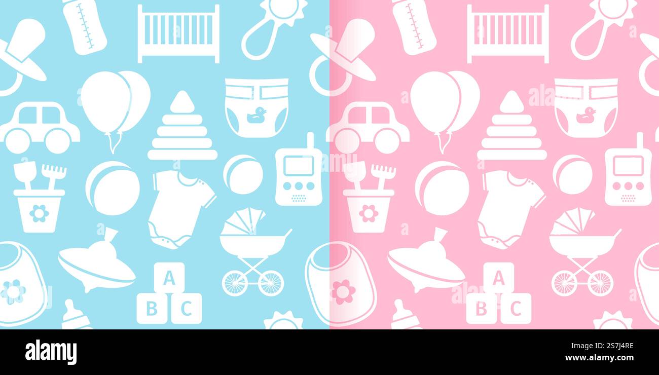 Modèle sans couture avec jouets pour bébé. Vecteur. Joli fond rose bleu pour bébé garçon, fête de douche fille. Motifs sans couture avec jouets pour bébé. Illustration vectorielle. Illustration de Vecteur