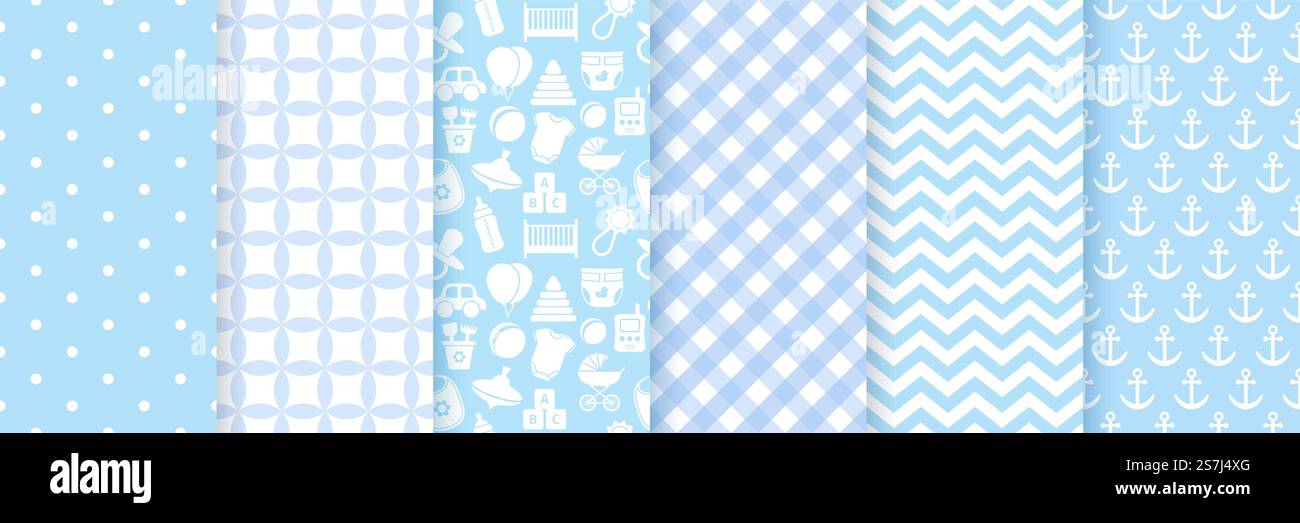 Motif bébé garçon sans couture. Texture de douche de bébé. Vecteur. Définir un motif pastel bleu. Illustration mignonne. Baby Shower motifs sans couture pour garçon. Illustration vectorielle. Illustration de Vecteur