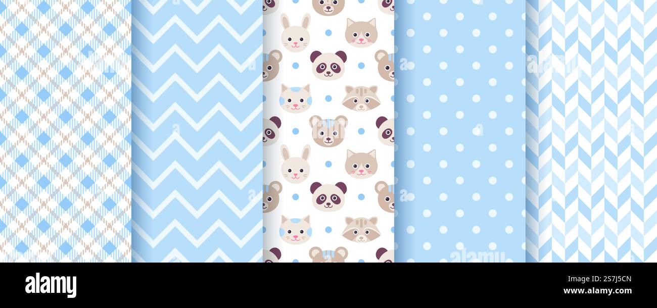 Motif bébé garçon. Arrière-plans transparents. Textures enfants bleues avec animaux, pois, zig zag et plaid. Motifs sans couture pastel bleus. Textures de bébé garçon. Illustration vectorielle. Illustration de Vecteur