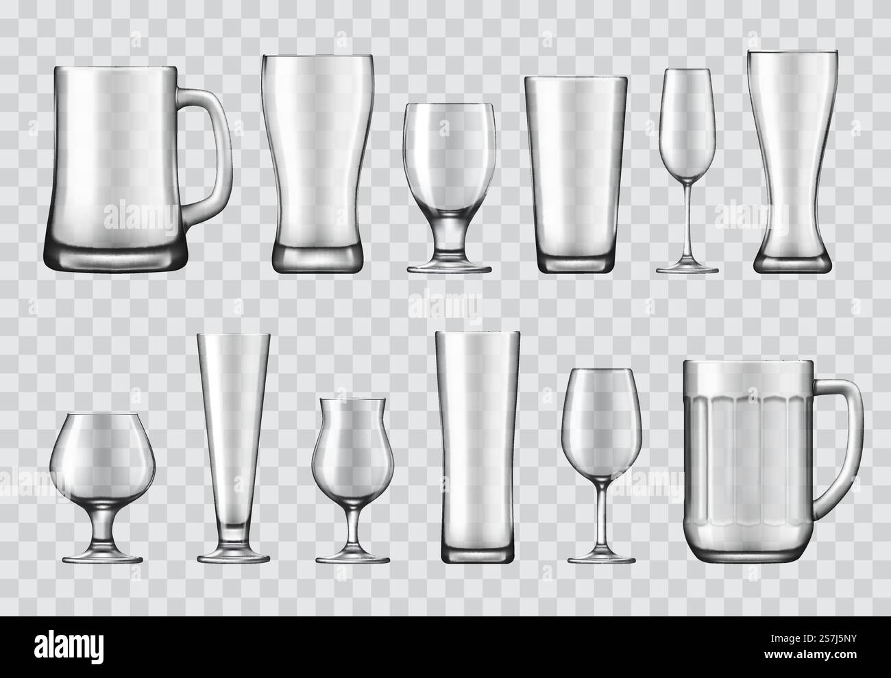 Verres, mugs et verres à vin, vaisselle. Tankard de bière, flûte à champagne et shaker pinte, snifter, tulipe et gobelet, pilsner, maquette vectorielle réaliste weizen 3D. Verrerie de bar, restaurant et pub. Verres, tasses et verres à vin vecteurs réalistes Illustration de Vecteur