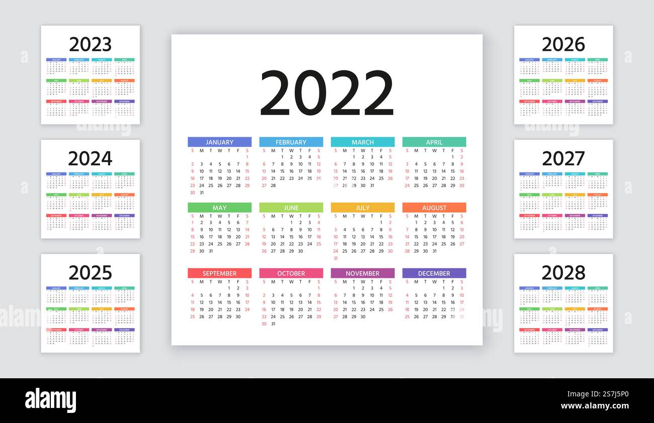 Calendrier 2022, 2023, 2024, 2025, 2026, 2027, 2028 ans. La semaine commence dimanche. Disposition du calendrier. Calendrier 2022. Illustration vectorielle. Planificateur annuel modèle. Illustration de Vecteur